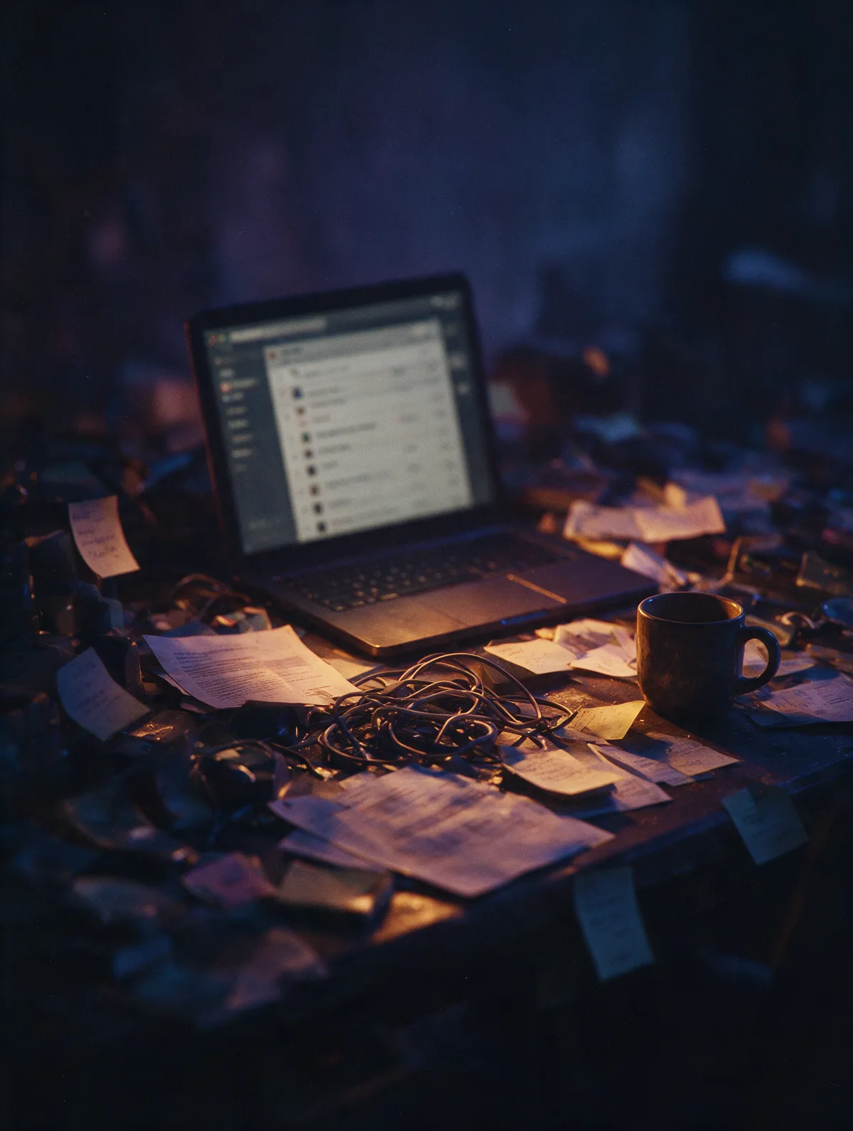 A cluttered desk at night: an open laptop, loose printed pages, a coffee mug, a tangle of cables.