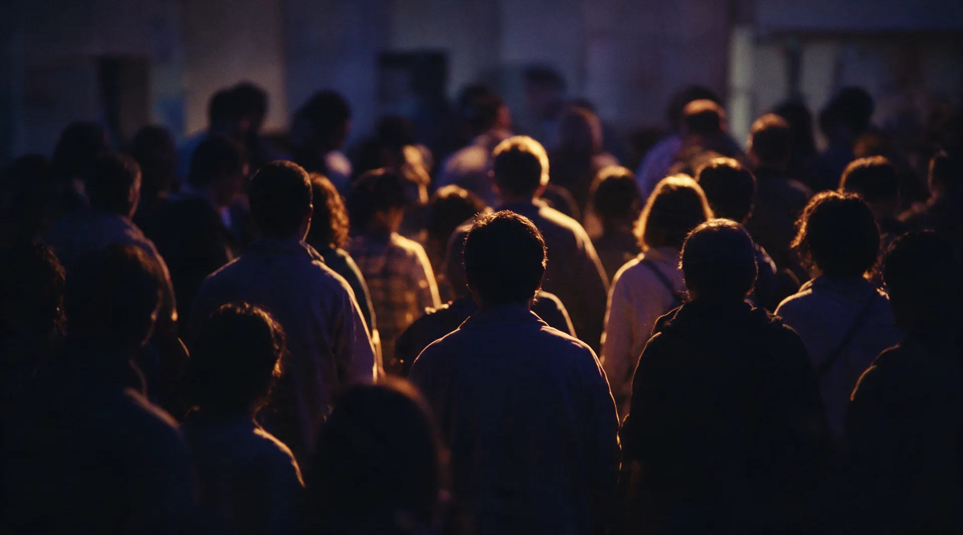 A crowd of people seen from behind, gathered in a real space.