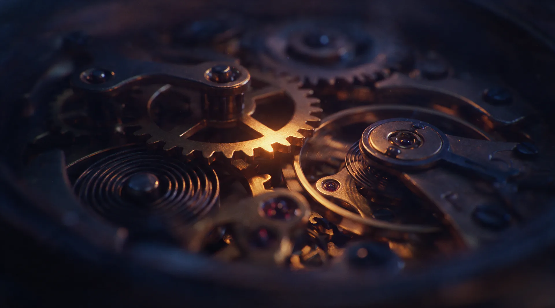Macro view of a mechanical clock's gears and escapement, mid-motion.
